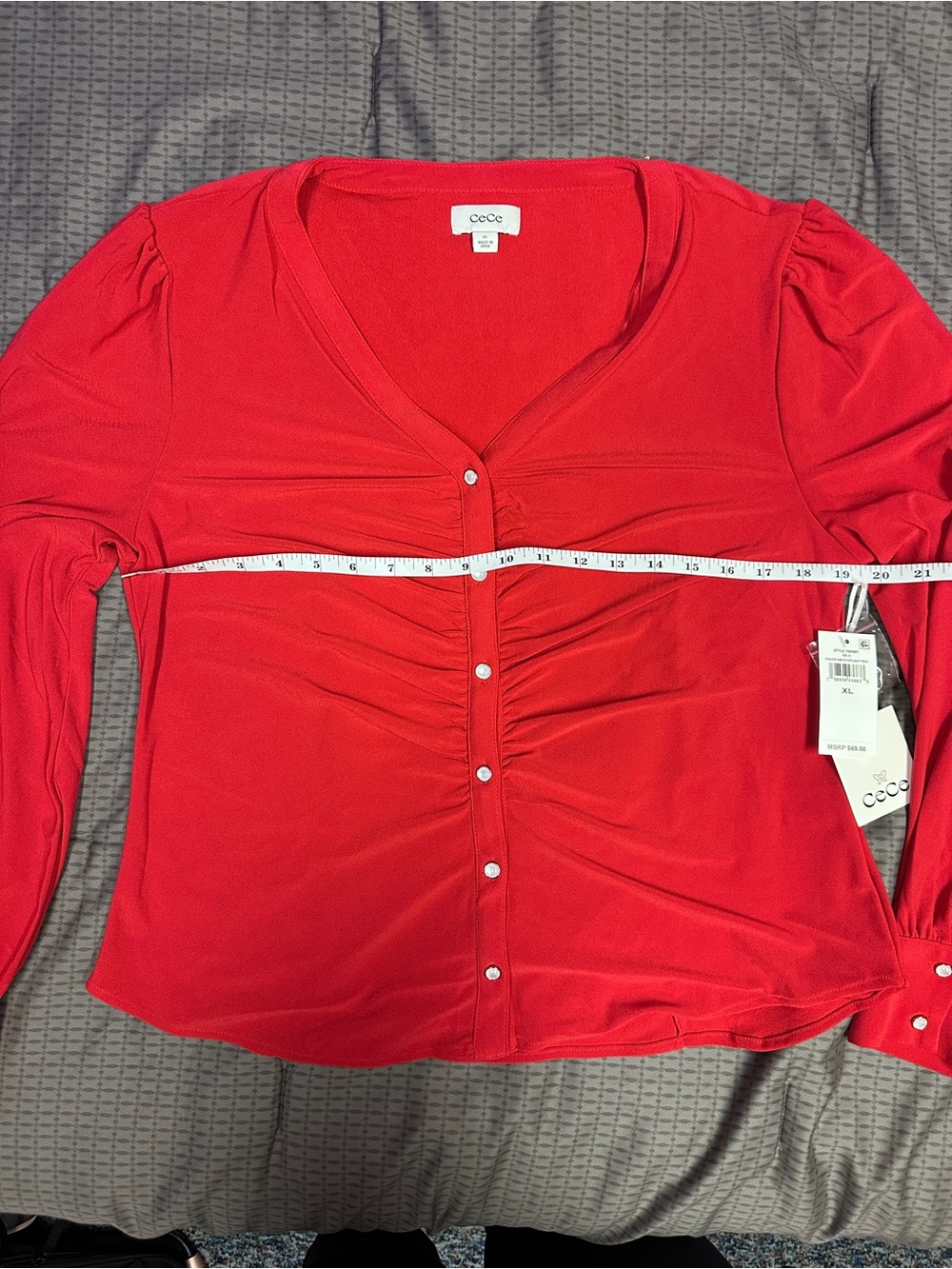 CeCe V-Neck Red Ruched Button-Front Blouse - Picture 4 of 5